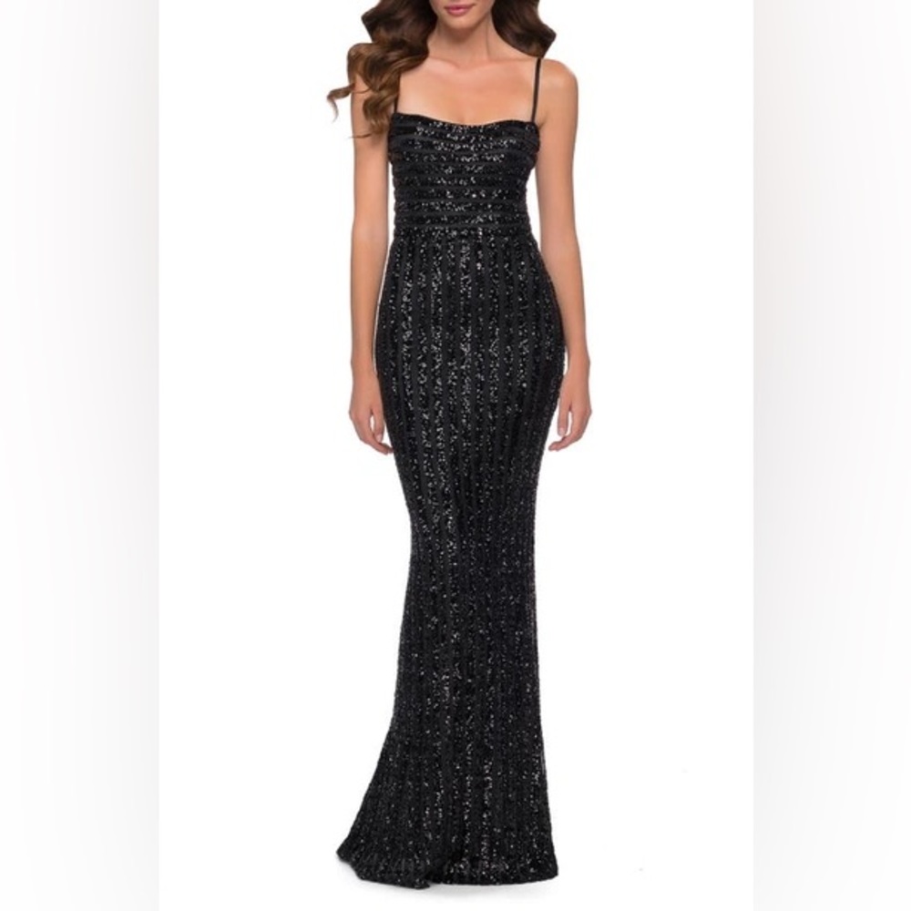 La Femme Stripe Pattern Sequin Evening Gown 29713
